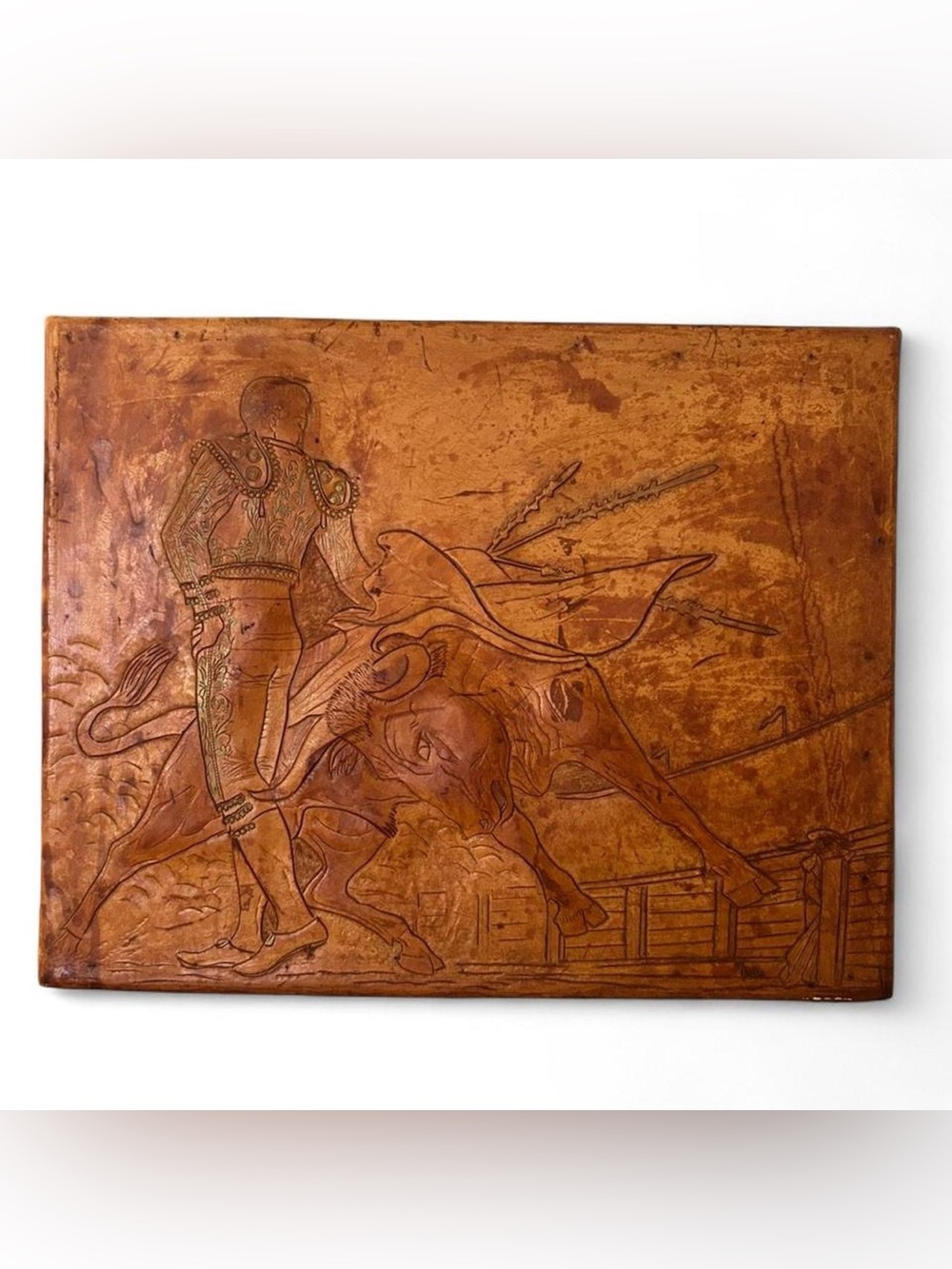 Vintage Mid Century Tooled Leather Matador Bullfight Wall Art Plaque 60s/70s